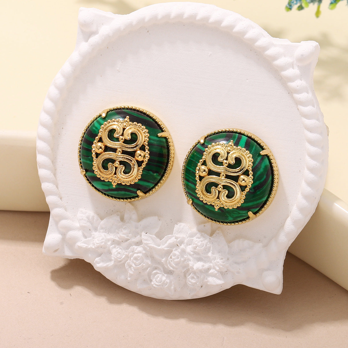 Handmade Round Brown Earrings For Women Featuring Natural Stone Inlay With 18K Real Gold Plated Finish, 1 Pair