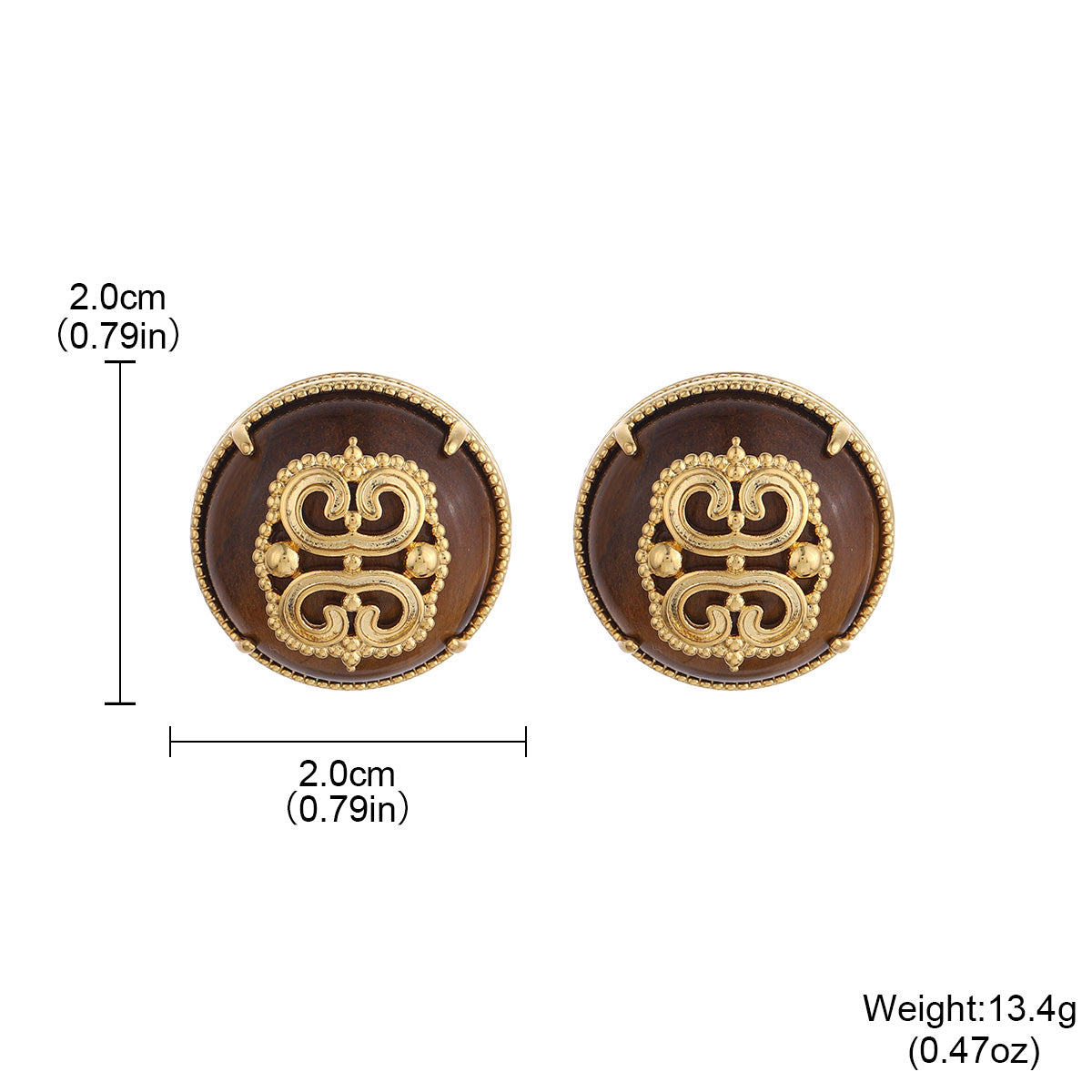 Handmade Round Brown Earrings For Women Featuring Natural Stone Inlay With 18K Real Gold Plated Finish, 1 Pair