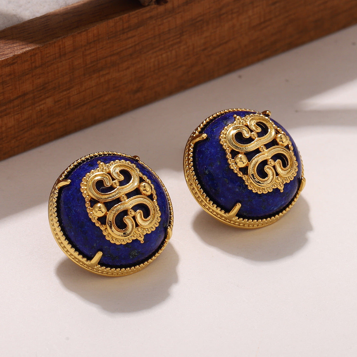 Handmade Round Brown Earrings For Women Featuring Natural Stone Inlay With 18K Real Gold Plated Finish, 1 Pair