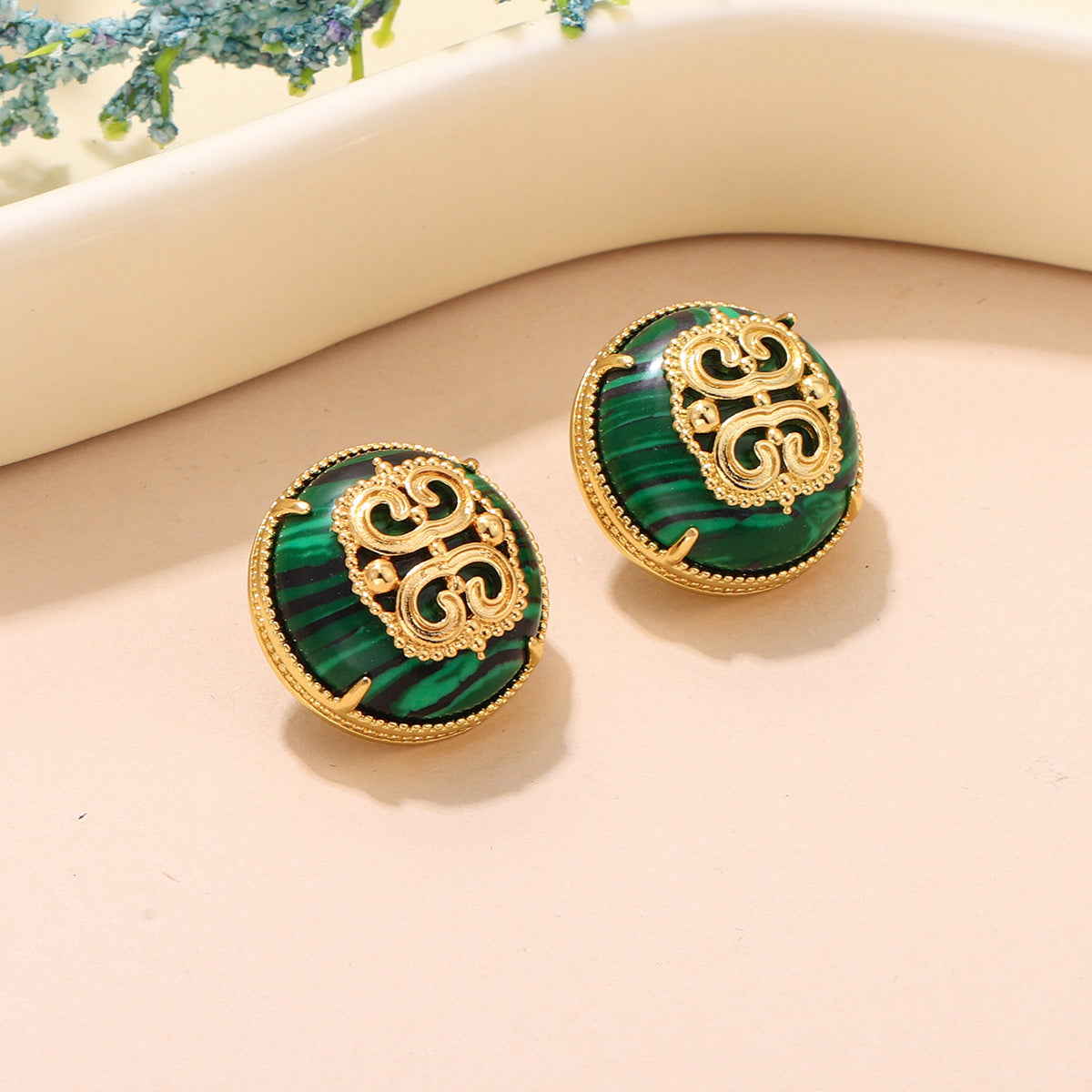Handmade Round Brown Earrings For Women Featuring Natural Stone Inlay With 18K Real Gold Plated Finish, 1 Pair