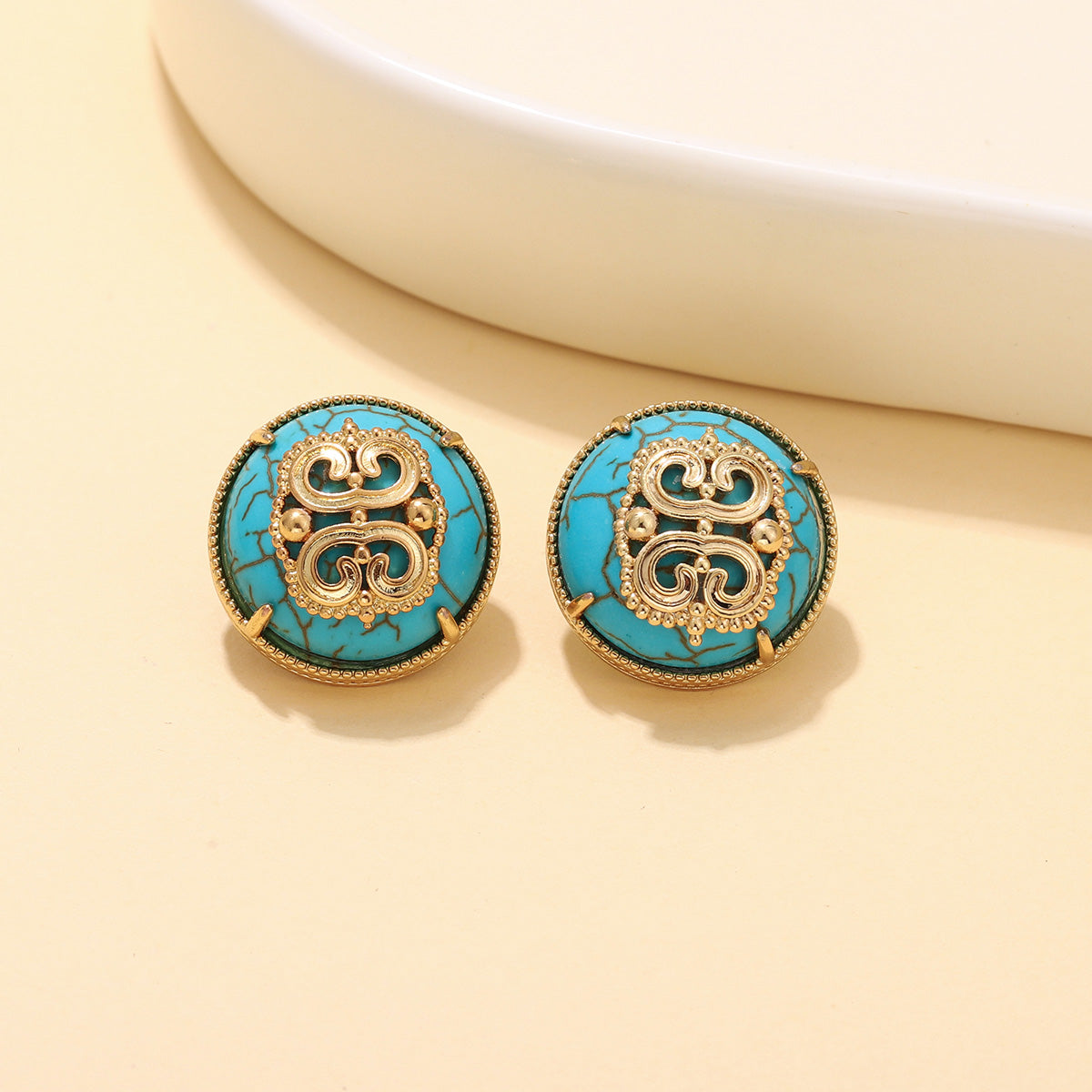 Handmade Round Brown Earrings For Women Featuring Natural Stone Inlay With 18K Real Gold Plated Finish, 1 Pair