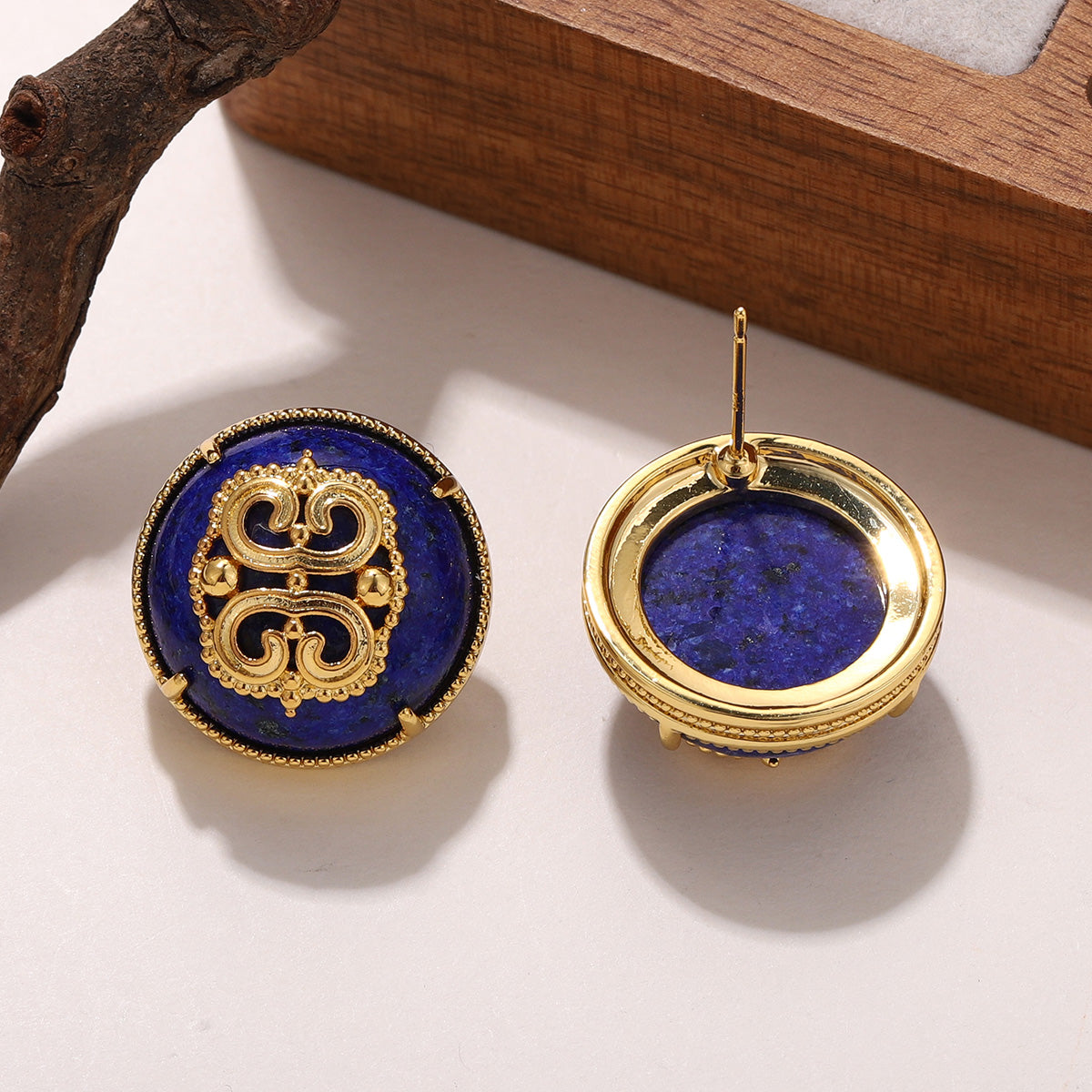 Handmade Round Brown Earrings For Women Featuring Natural Stone Inlay With 18K Real Gold Plated Finish, 1 Pair