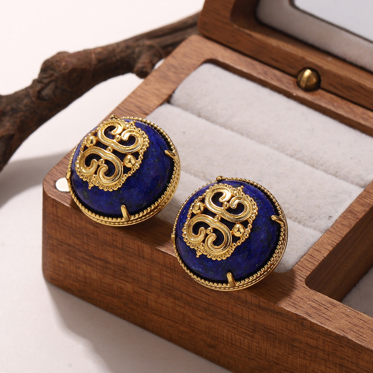 Handmade Round Brown Earrings For Women Featuring Natural Stone Inlay With 18K Real Gold Plated Finish, 1 Pair