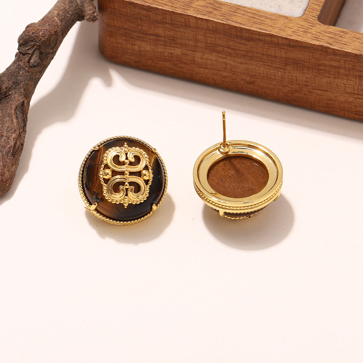 Handmade Round Brown Earrings For Women Featuring Natural Stone Inlay With 18K Real Gold Plated Finish, 1 Pair
