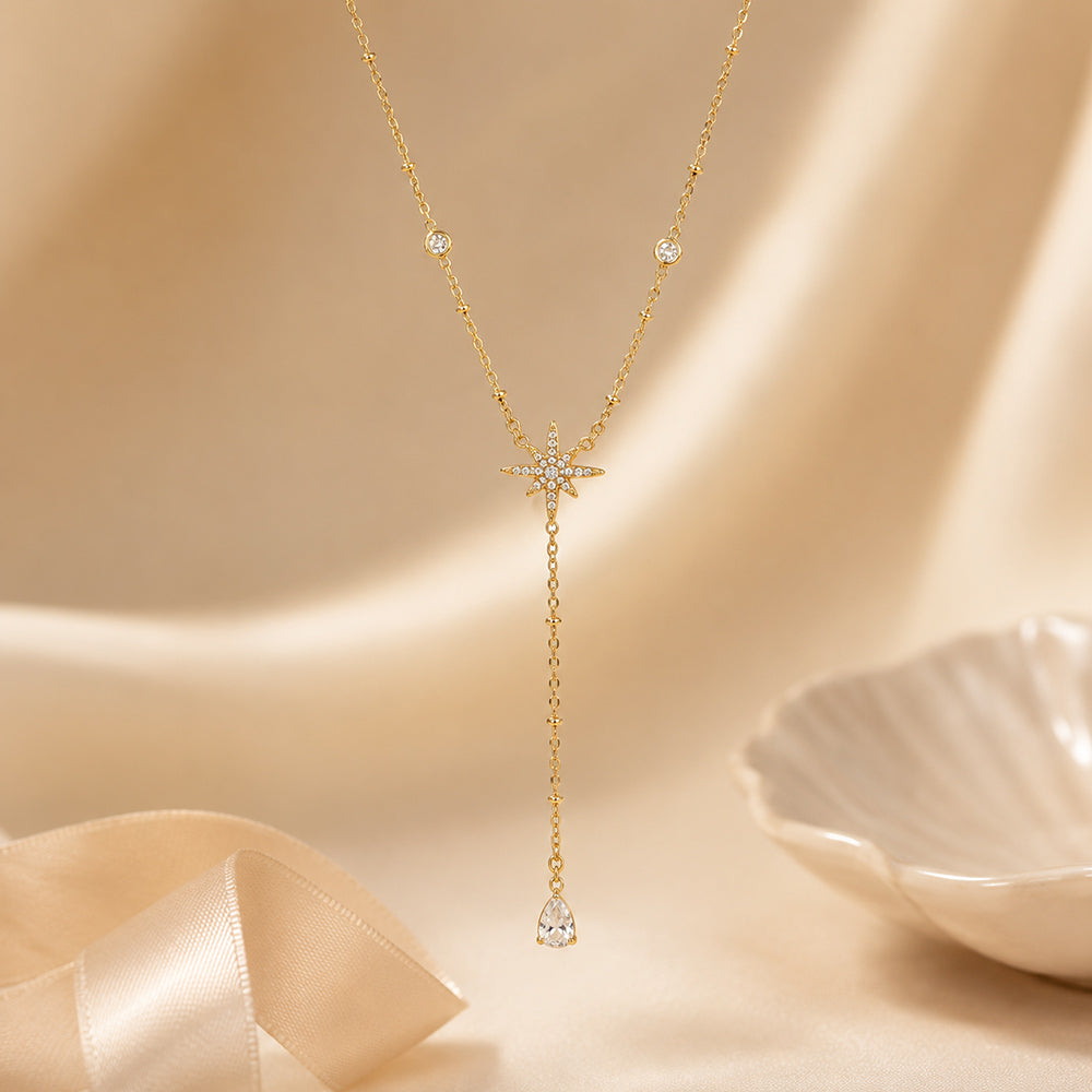 Starburst Necklace For Women, 18K Gold Plated 304 Stainless Steel Cable Chain With Zircon Inlay, Waterproof Non Tarnish