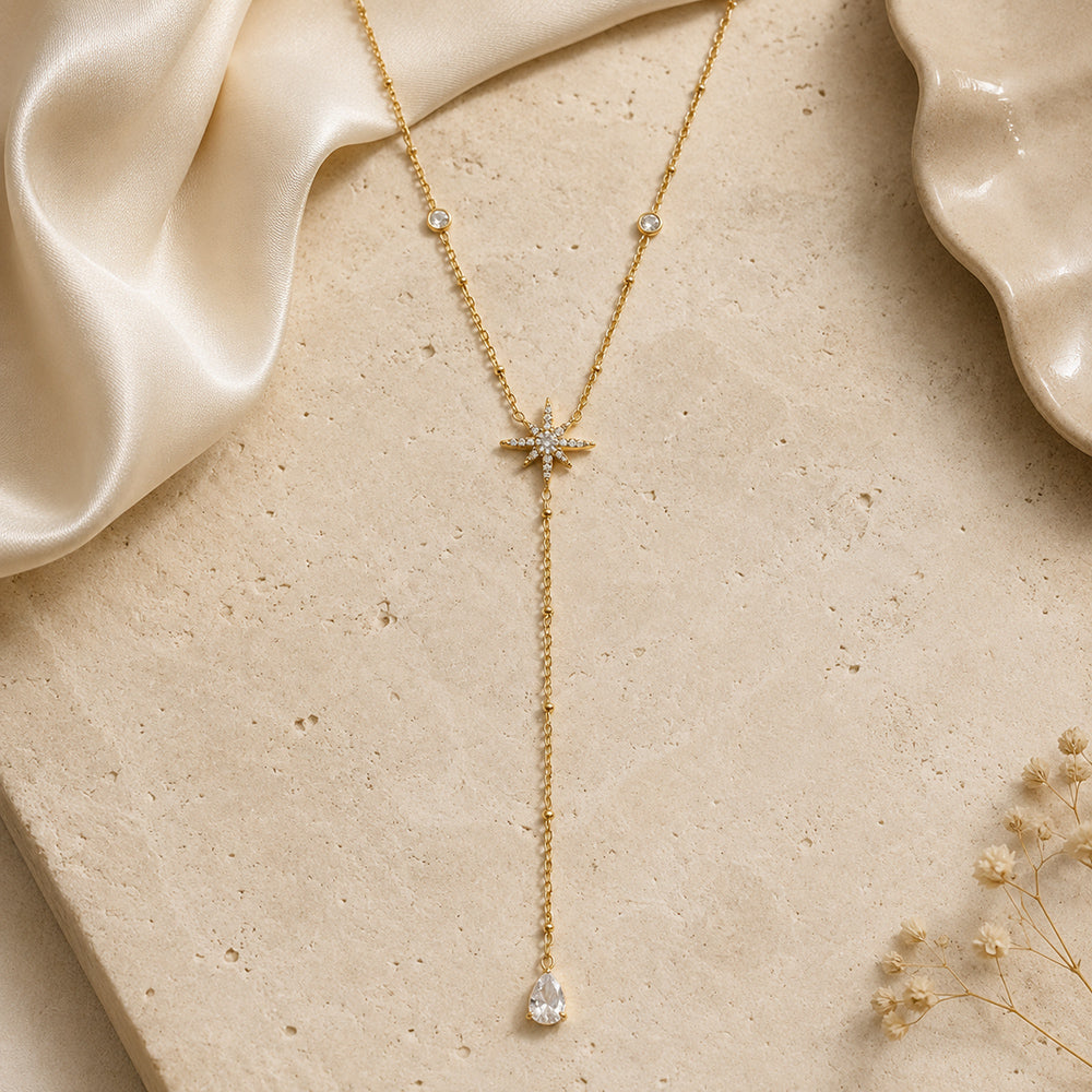 Starburst Necklace For Women, 18K Gold Plated 304 Stainless Steel Cable Chain With Zircon Inlay, Waterproof Non Tarnish
