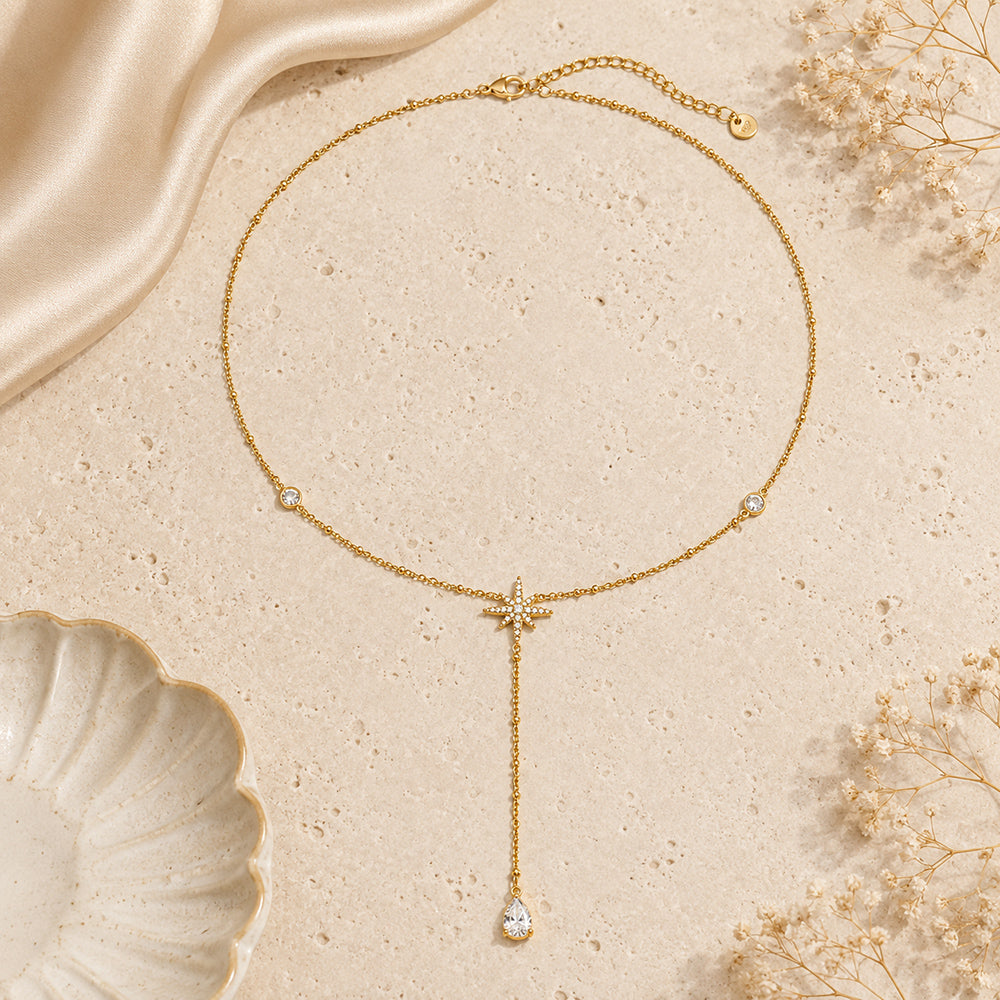 Starburst Necklace For Women, 18K Gold Plated 304 Stainless Steel Cable Chain With Zircon Inlay, Waterproof Non Tarnish