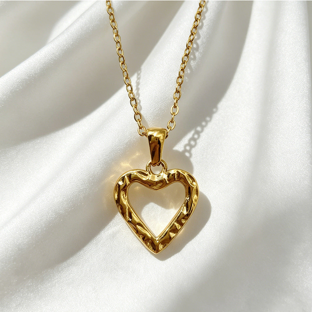 Heart Shape Hammered 304 Stainless Steel Necklace For Women With Steel Color Cable Chain