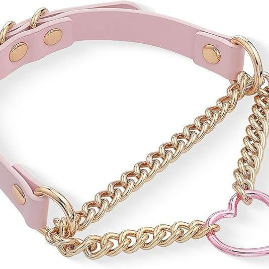 Heart Shape Natural Pink PU Leather Choker Necklace For Women With Leather Rope Chain, Casual Style
