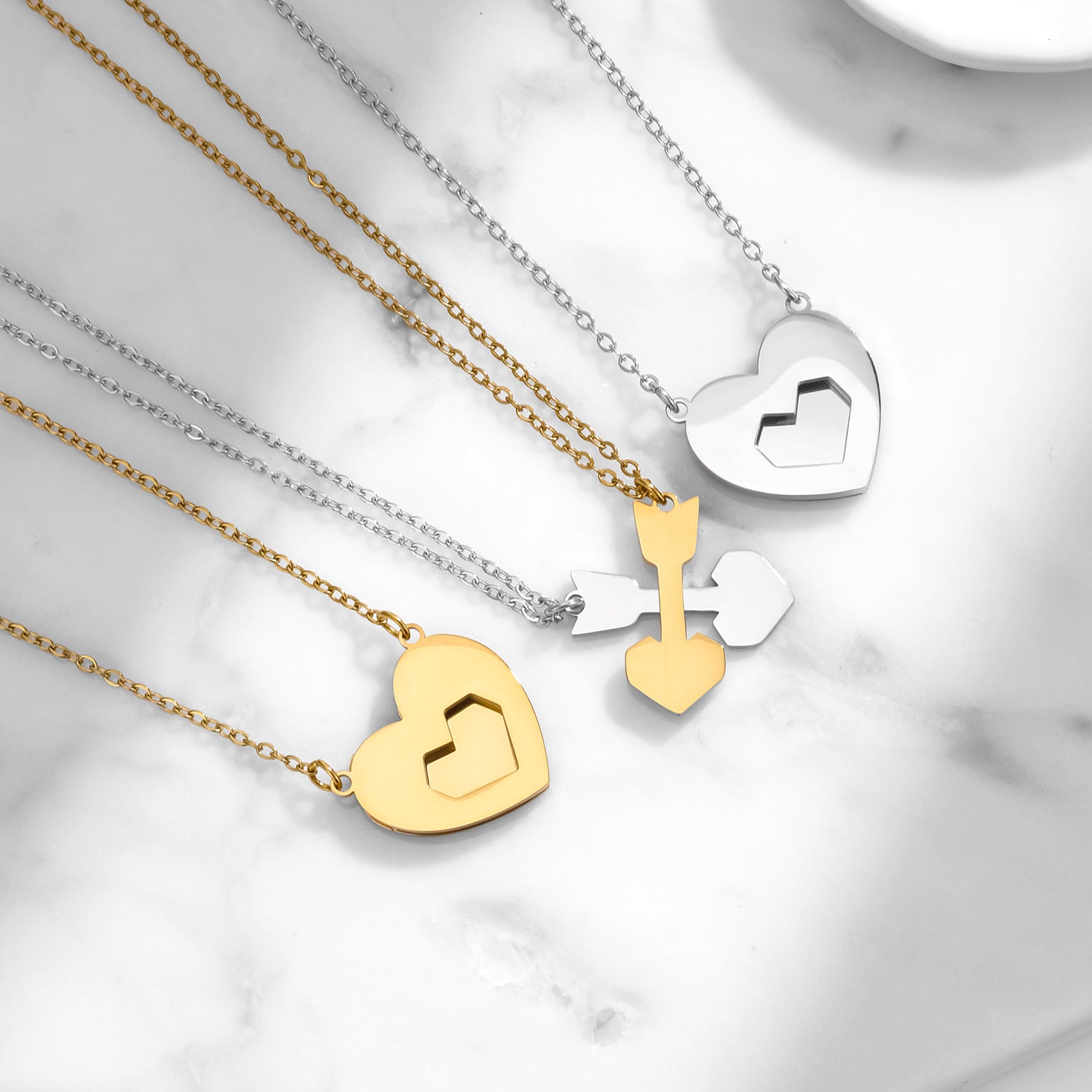 Heart Shape Double Layer Necklace In Gold For Couples, Novelty Style With PVD Coated 304 Stainless Steel And Cable Chain