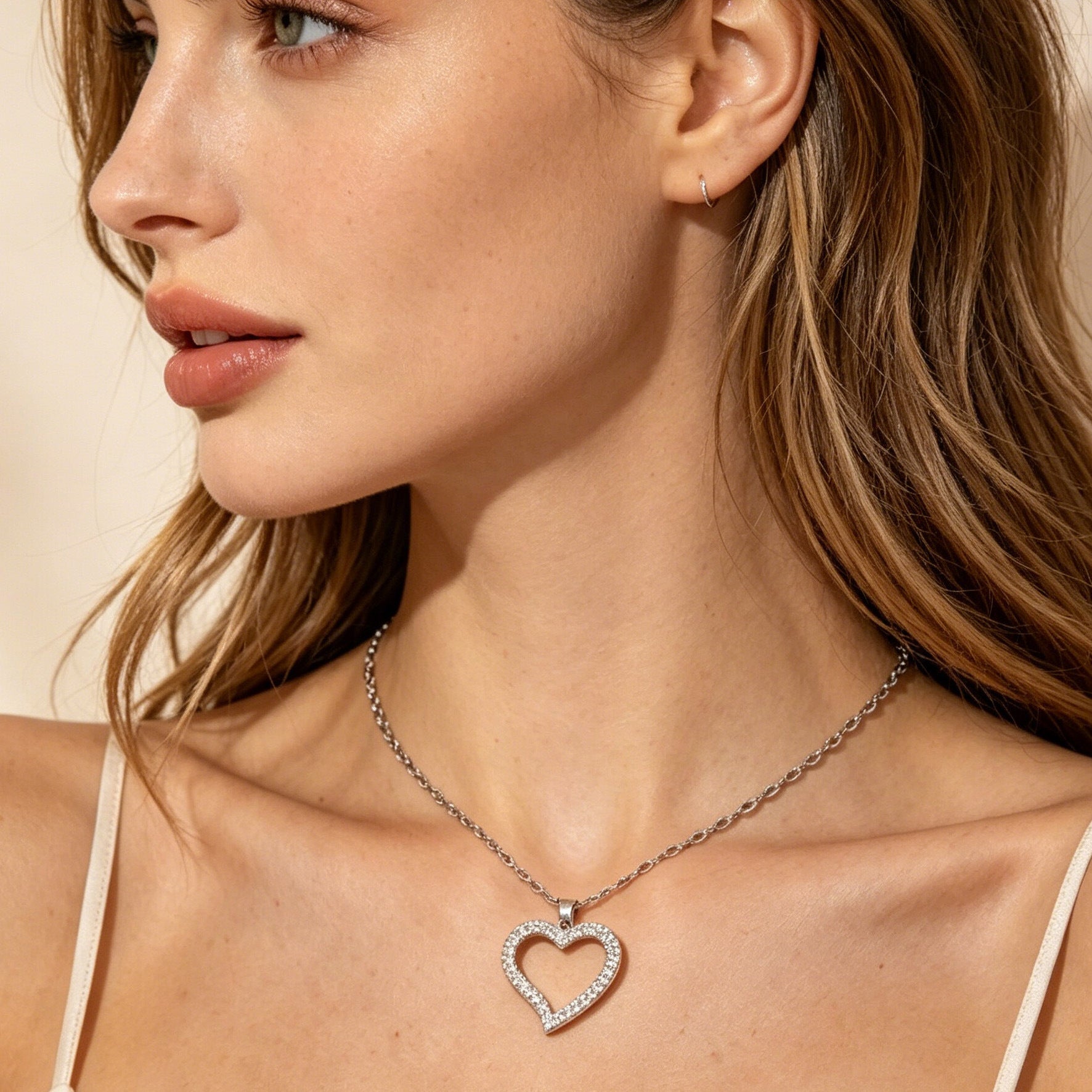 Heart Shape Necklace For Women, Waterproof Non Tarnish 304 Stainless Steel With Rhinestones, Electroplated Cable Chain