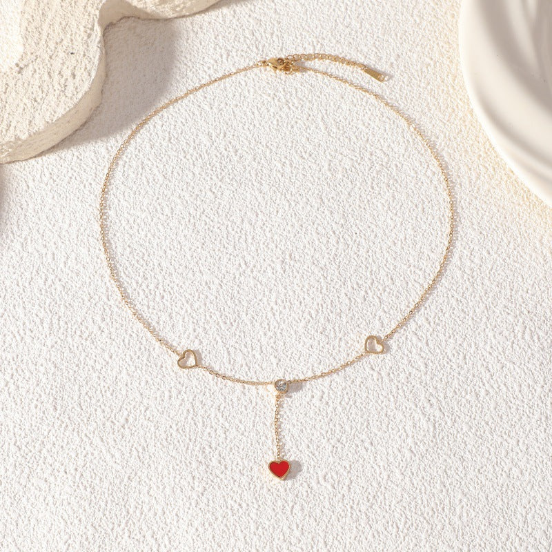 Heart Shape Y-Necklace Lariat Necklace In New Style For Women, 18K Real Gold Plated 304 Stainless Steel With Rhinestones