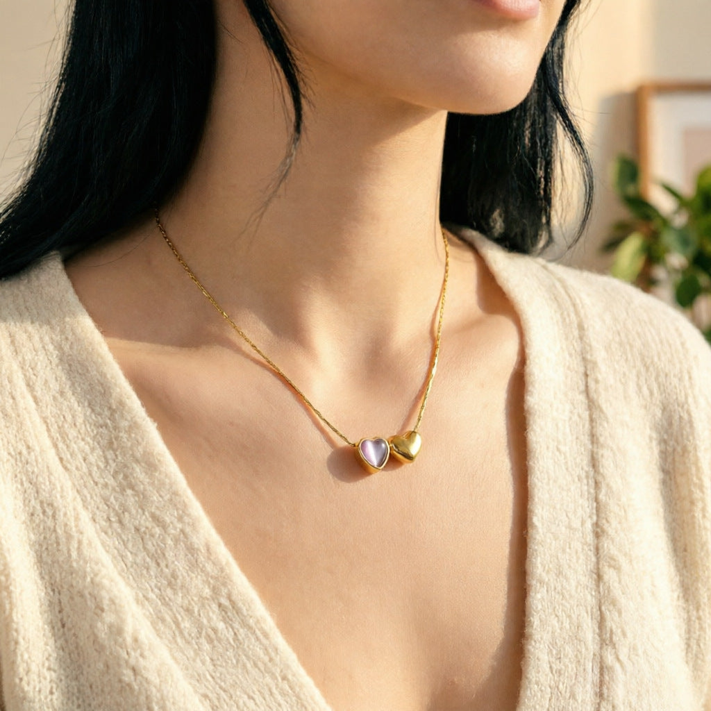 Double Heart Pendant Necklace For Women In 18K Real Gold Plated 304 Stainless Steel With Micro Super Whisper Thin Chain