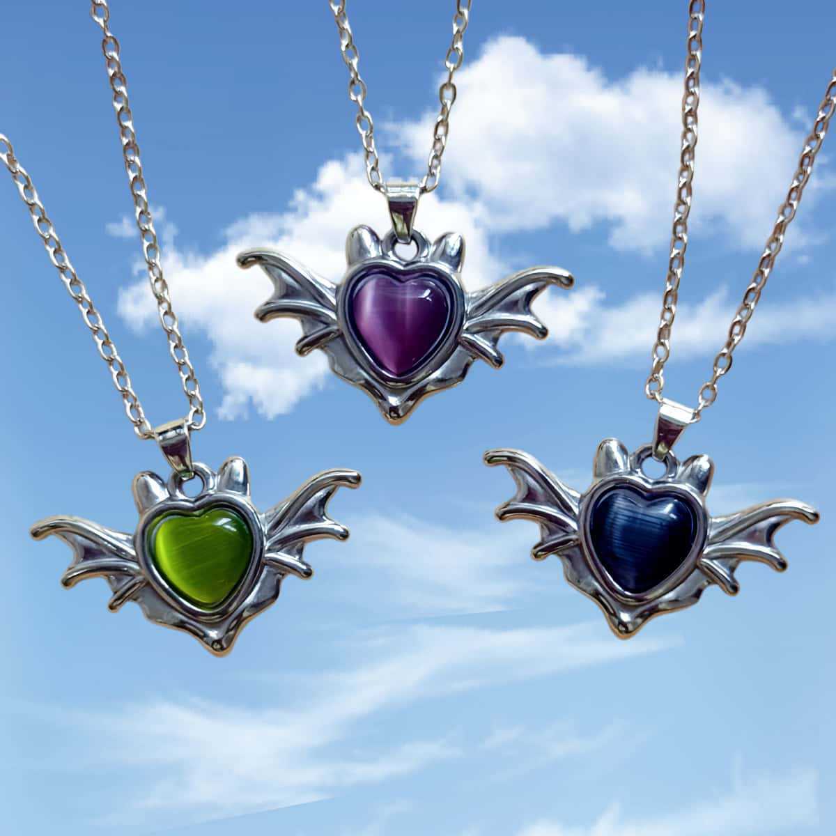 Gothic Wings Necklace In Purple With Crystal Inlay, Unisex 304 Stainless Steel Pendant On Cable Chain Featuring Alloy Pendant Material