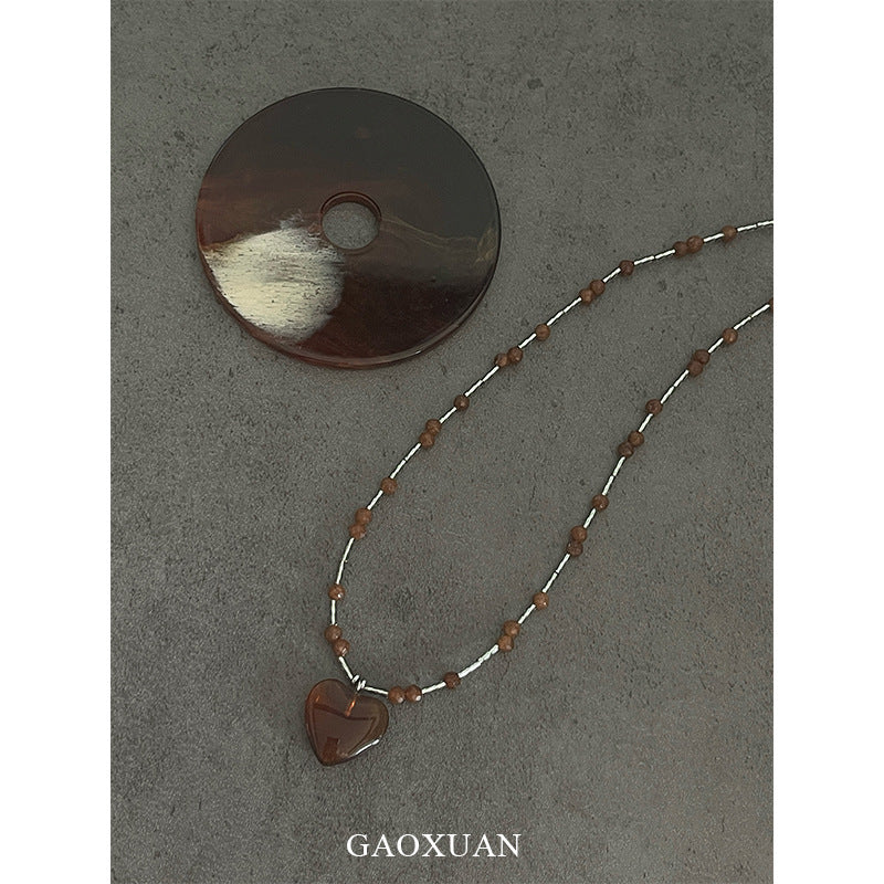 Handmade Heart Shape Pendant Necklace For Women In Maillard Style With Coffer Artificial Crystal Inlay