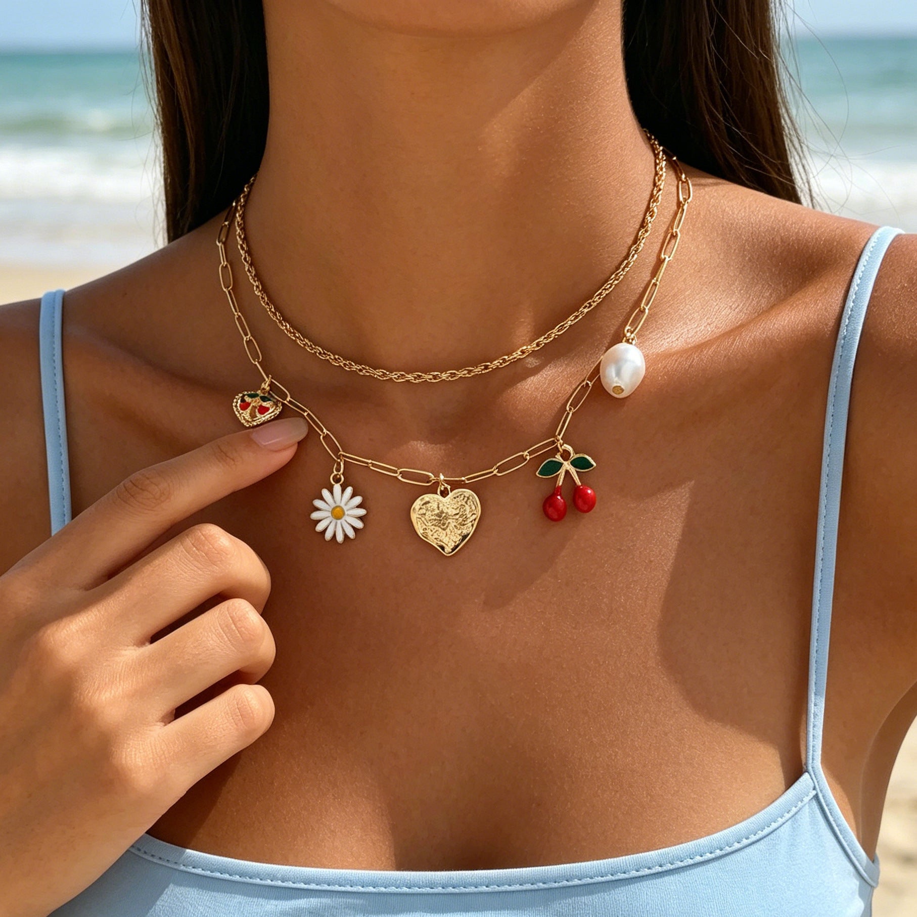 Bohemian Heart Shape Layered Necklace For Women With Zinc Alloy Pendant And Paperclip Chain