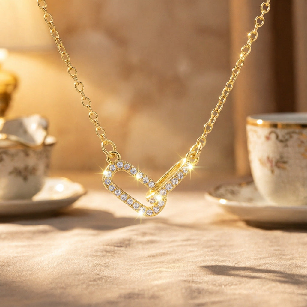 Copper Paper Clip Necklace For Women Featuring Zircon Inlay On A Paperclip Chain