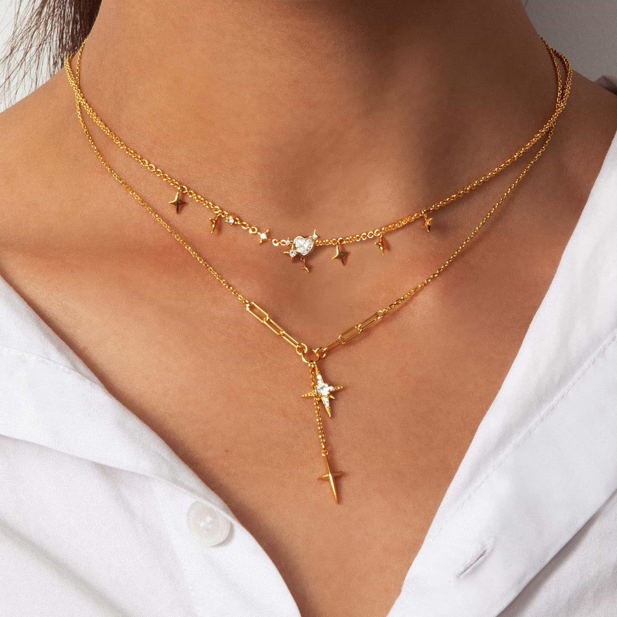 Heart Shape Double Layer Necklace For Women In Simple Style, Electroplated Alloy With Rhinestones And Paperclip Chain