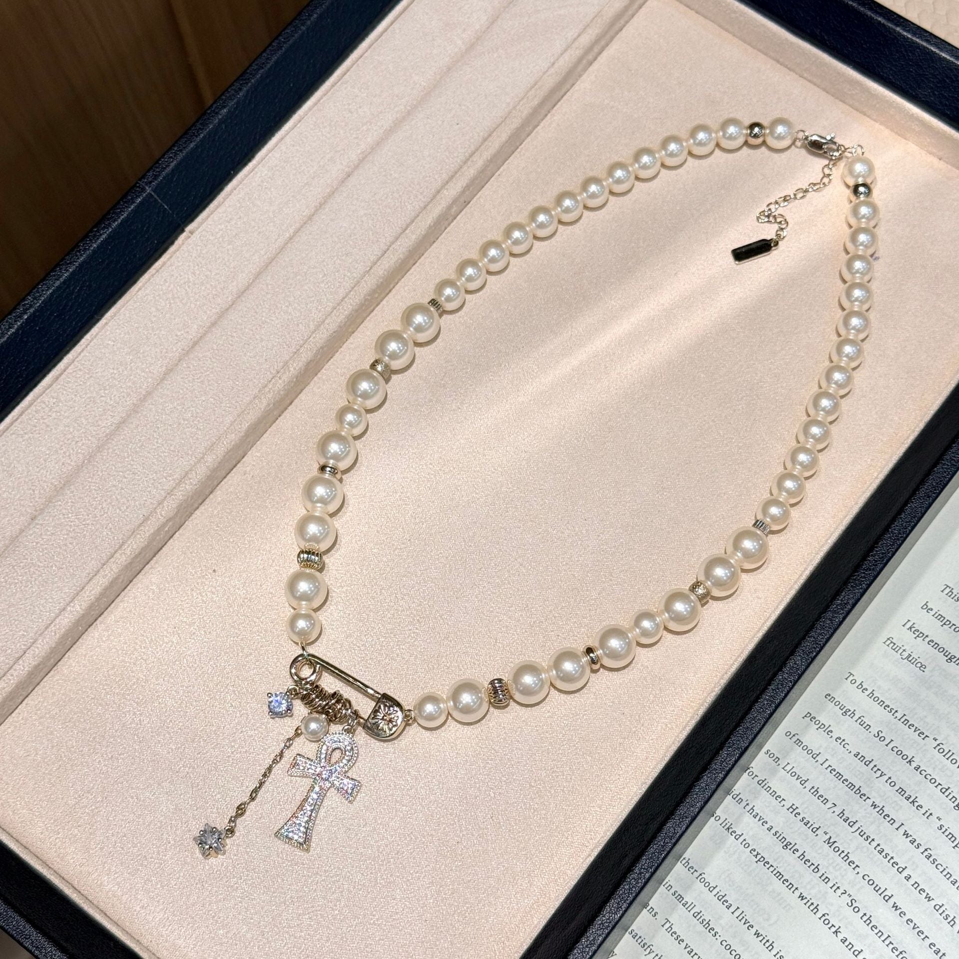 Electroplated Cross Necklace For Women With Imitation Pearl Pendant And Paperclip Chain In Copper