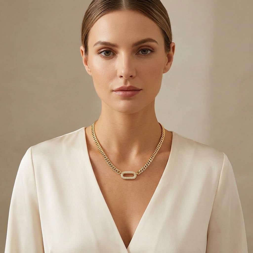 Exaggerated Paper Clip Necklace For Unisex Featuring 304 Stainless Steel With Rhinestones On A Paperclip Chain