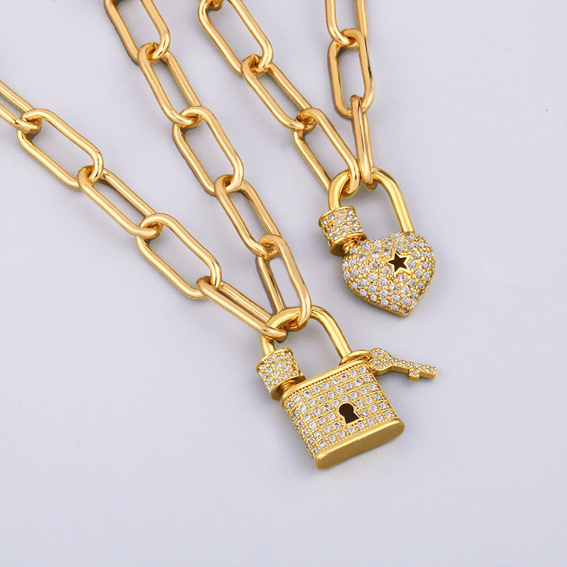 Lock Pendant Necklace In Copper With Real Gold Plated Finish And Zircon Inlay, Featuring A Paperclip Chain