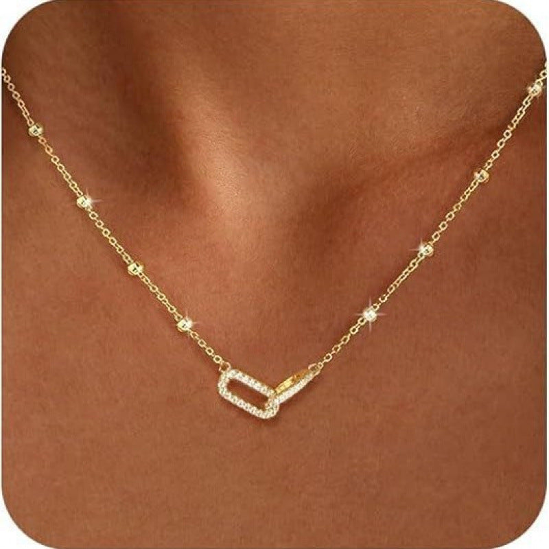 Real Gold Plated Paper Clip Pendant Necklace For Women In Brass With Zircon Inlay