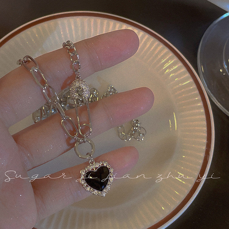 Heart Shape Necklace For Women In Dyed Black 304 Stainless Steel With Electroplated Copper Pendant And Zircon Inlay