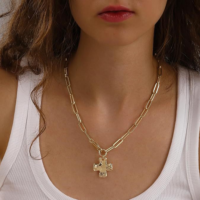 Hip-Hop Gold Cross Necklace For Women With Copper Pendant And Paperclip Chain