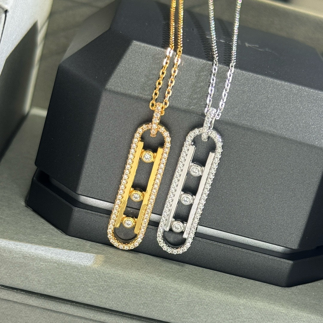 Luxurious 925 Sterling Silver Paper Clip Necklace For Women With Bezel Setting Diamond And Silver Slider Chain