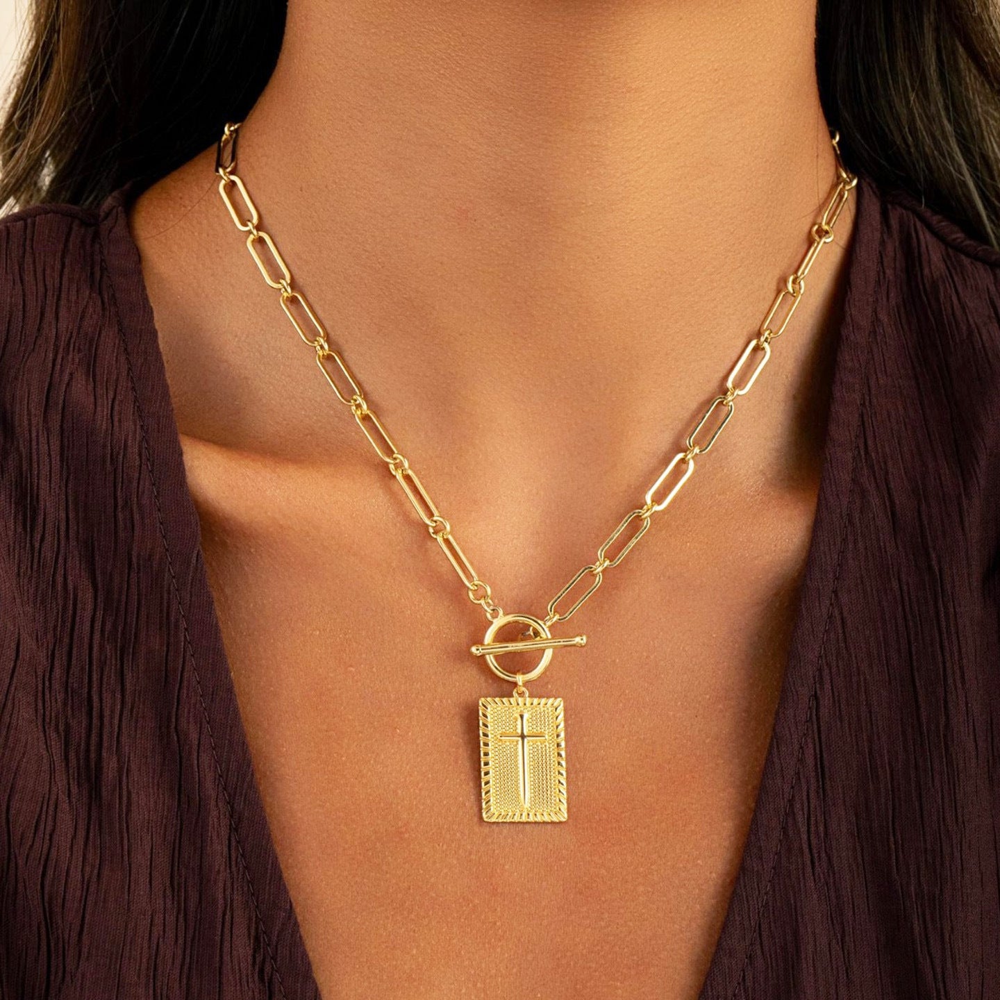 Men's Gold Paper Clip Necklace Featuring Alloy Paperclip Chain And Alloy Pendant