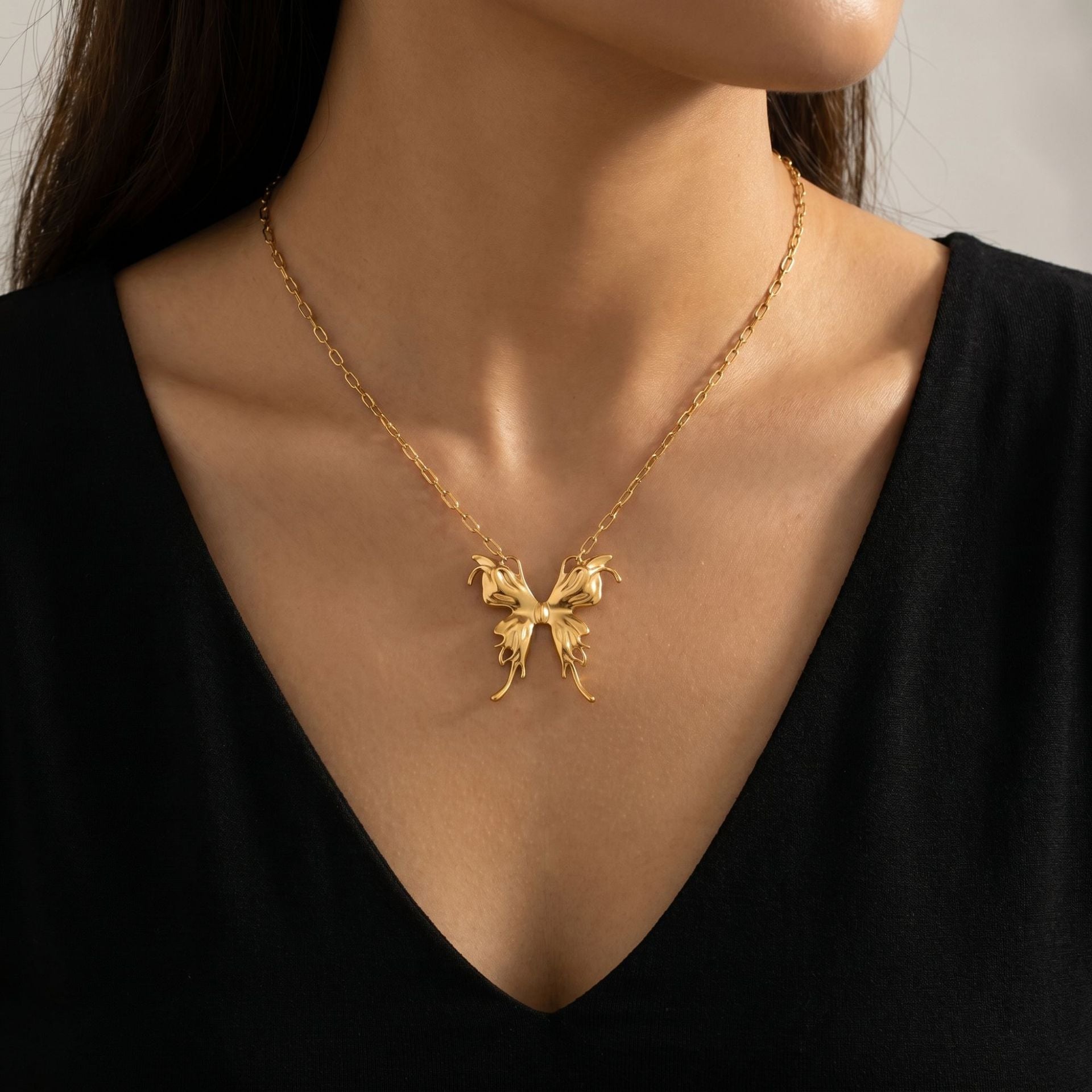 Gold Butterfly Folds Necklace For Women With Titanium Steel Pendant And Paperclip Chain