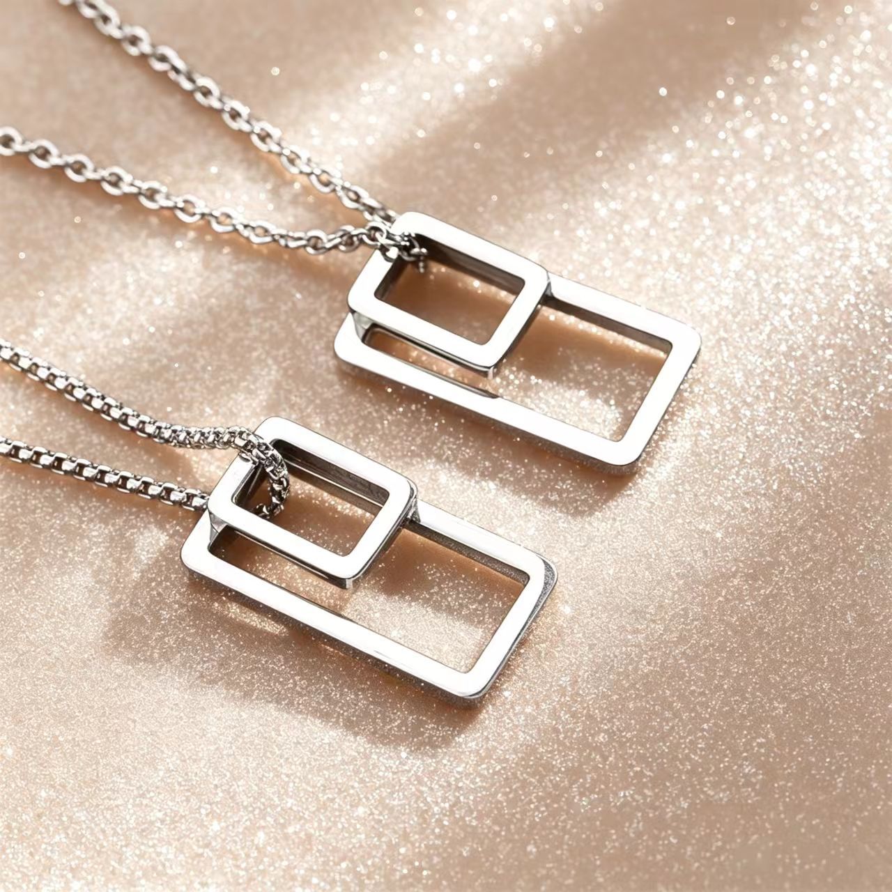 Geometric Couple Necklace With Titanium Steel Pendant And 304 Stainless Steel Box Chain, 1 Set