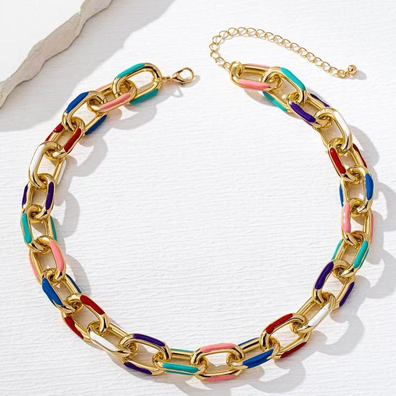 Gold Color Block Hip-Hop Necklace With Zinc Alloy Enamel Pendant, Unisex Style