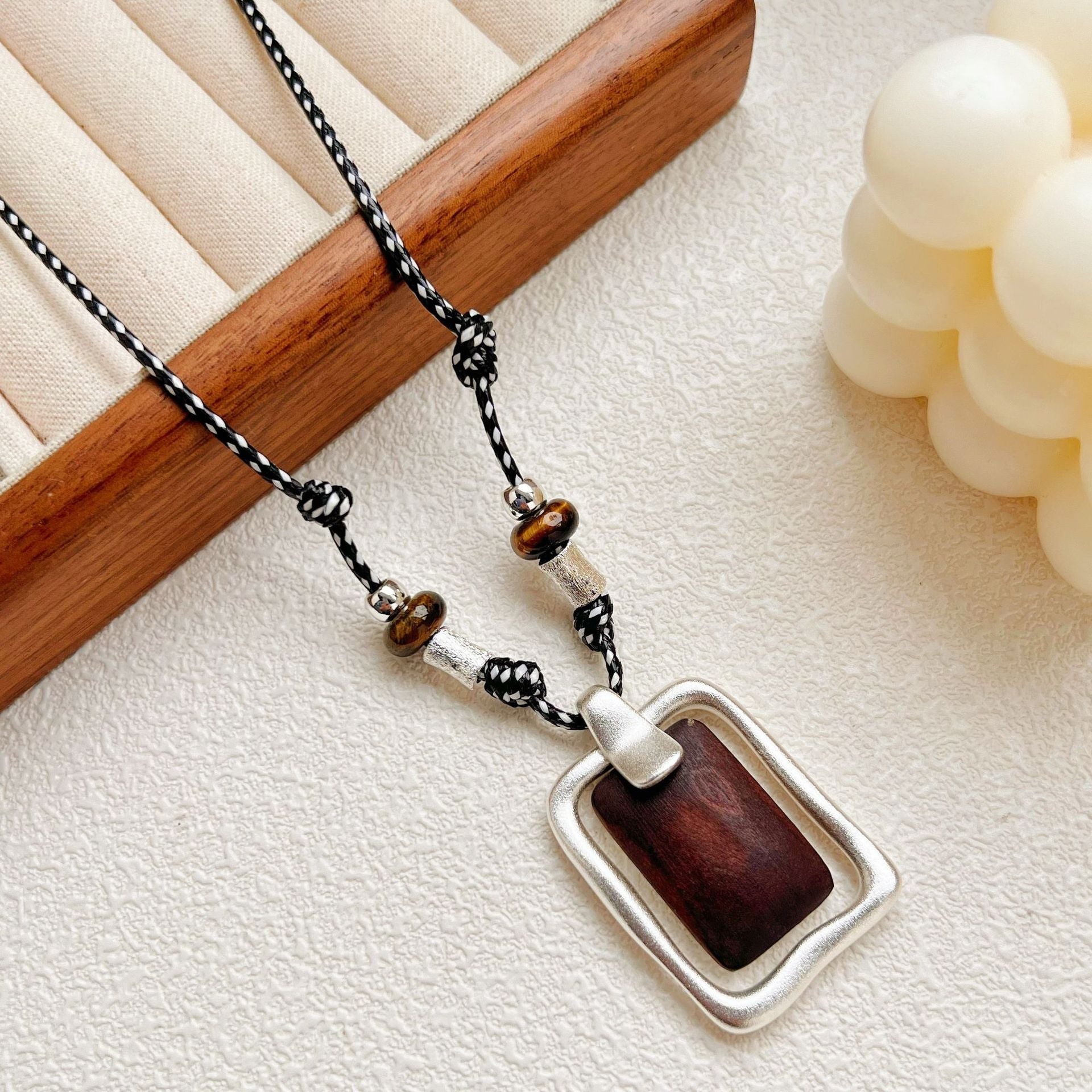 Geometric Wooden Pendant Featuring Vintage Style And Handmade Craftsmanship With Leather Rope Chain For Women