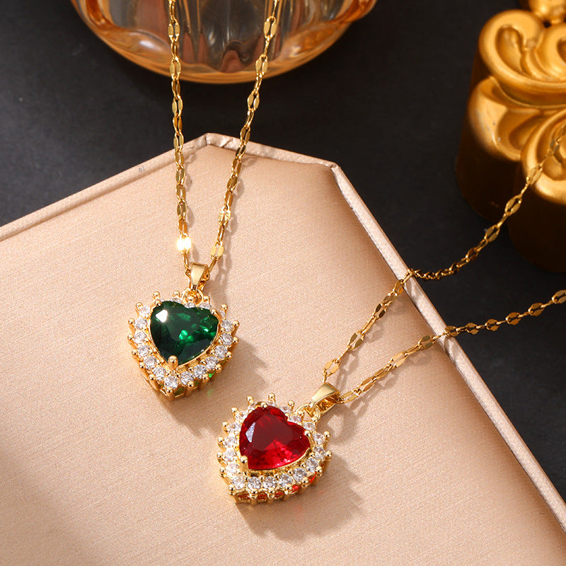 Heart Shape Gold Titanium Steel Necklace With Zircon Inlay And Copper Pendant For Women, Featuring Cable Chain