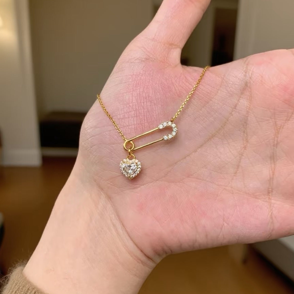 Heart Shape Necklace For Women With 24K Real Gold Plated Copper And Zircon Inlay, Featuring Electroplated Finish And Paperclip Chain