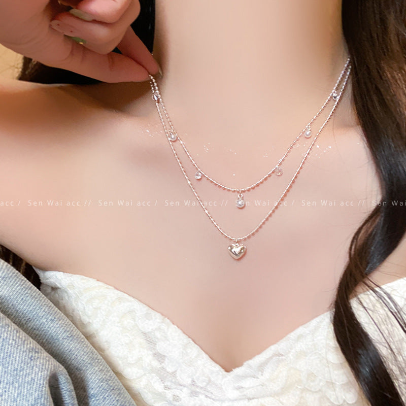 Heart Shape Double Layer Necklace For Women In Sweet Style With Copper Pendant And Zircon Inlay, Electroplated Gold Finish