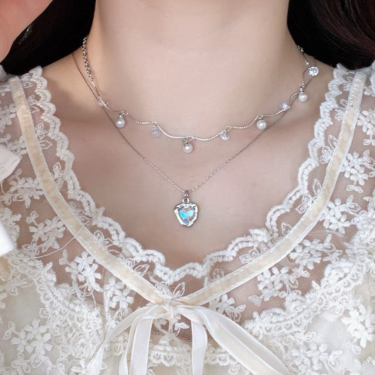 New Style Double Layer Heart Shape Necklace For Adults, Electroplated Alloy With Copper Pendant And Rhinestone Inlay