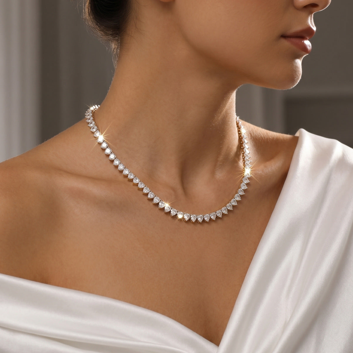 Heart Shape Long Necklace For Women With Copper Chain And Pendant, Luxurious Style Featuring Zircon Inlay