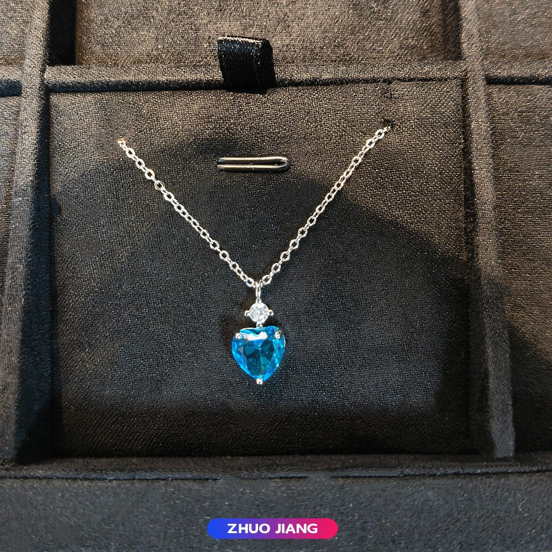 Sweet Heart Shape Necklace For Women With Copper Chain Featuring Blue Zircon Inlay