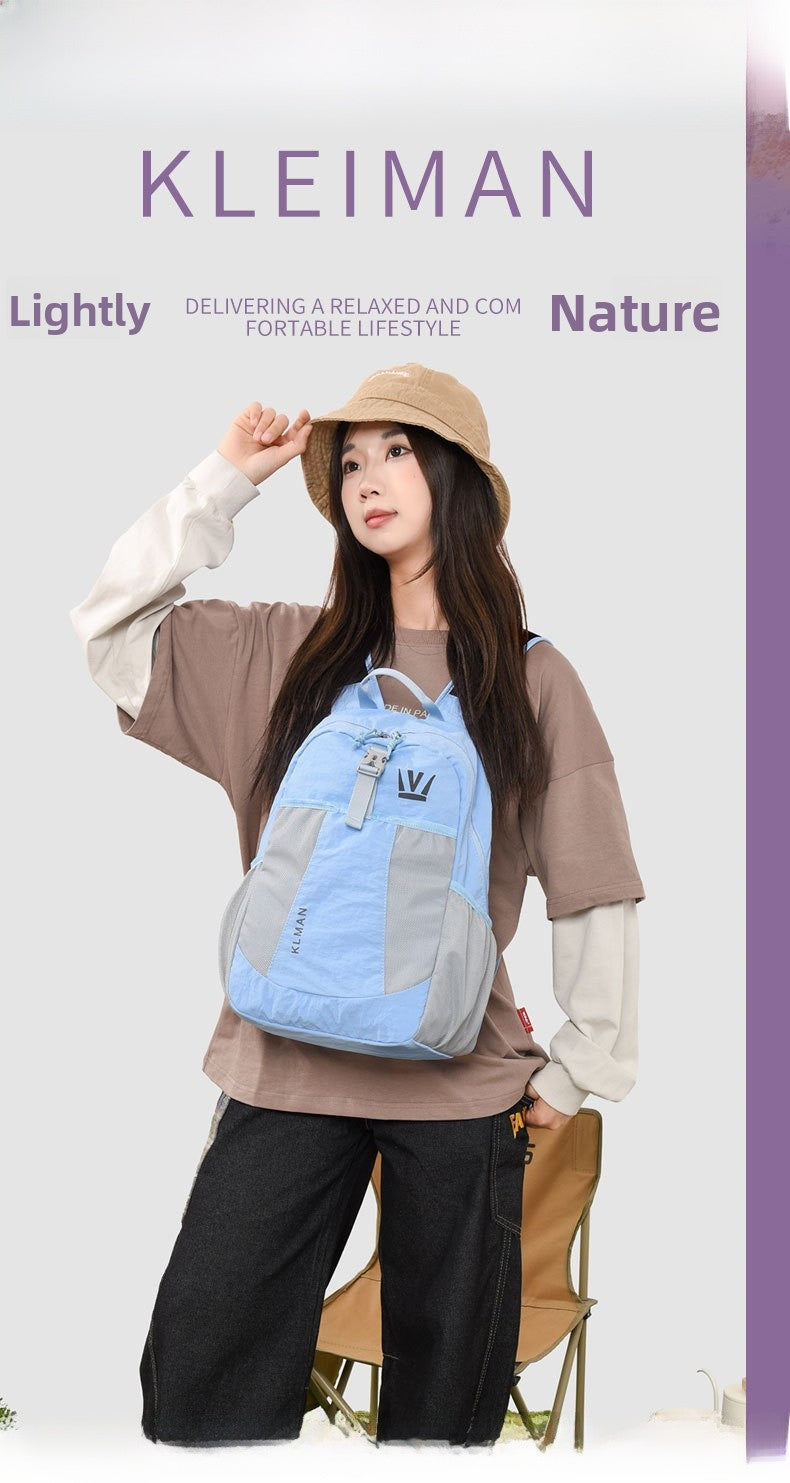 Color Block Hiking Backpack In Nylon With Sewing Thread Detail, 14 Inch Outdoor Casual Backpack For Summer