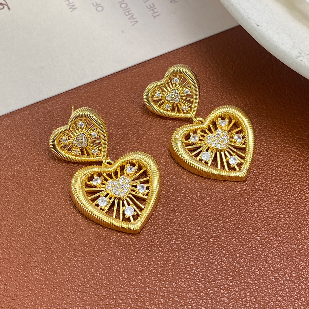 Heart Shape Drop Earrings For Women In Simple Style, Copper Ear Pins With Real Gold Plated And Zircon Inlay
