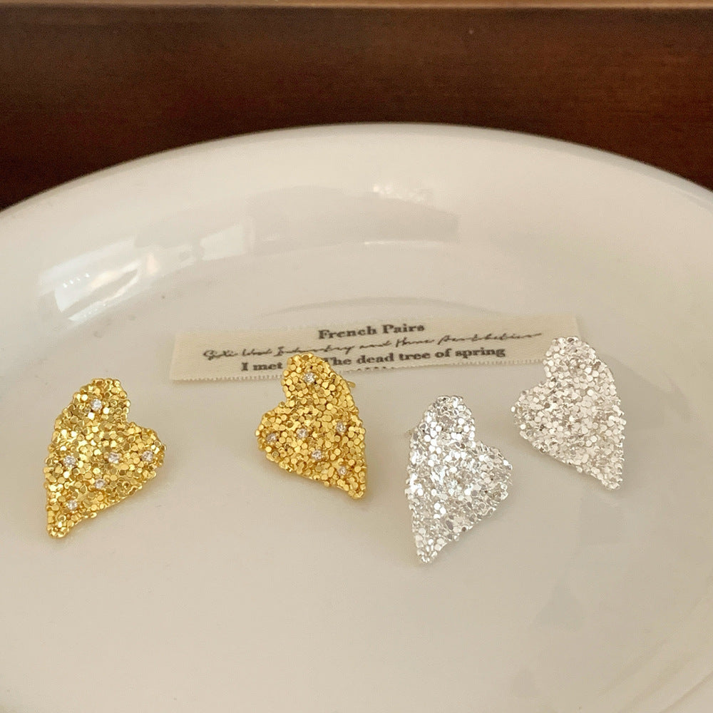 Heart Shape Copper Stud Earrings For Women With Zircon Inlay In Gold