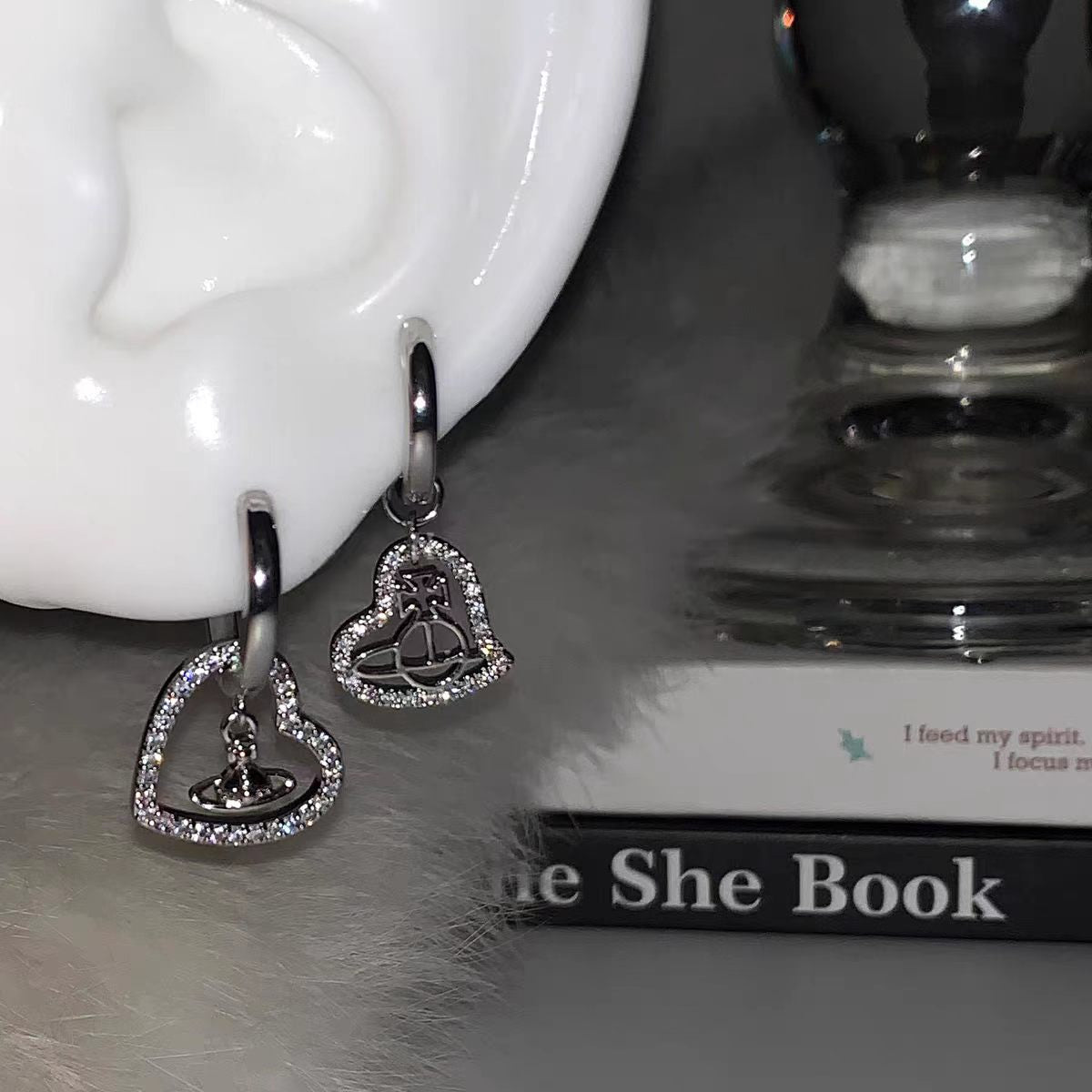 Heart Shape Hoop Earrings For Women In Silver Copper With Rhinestone Inlay