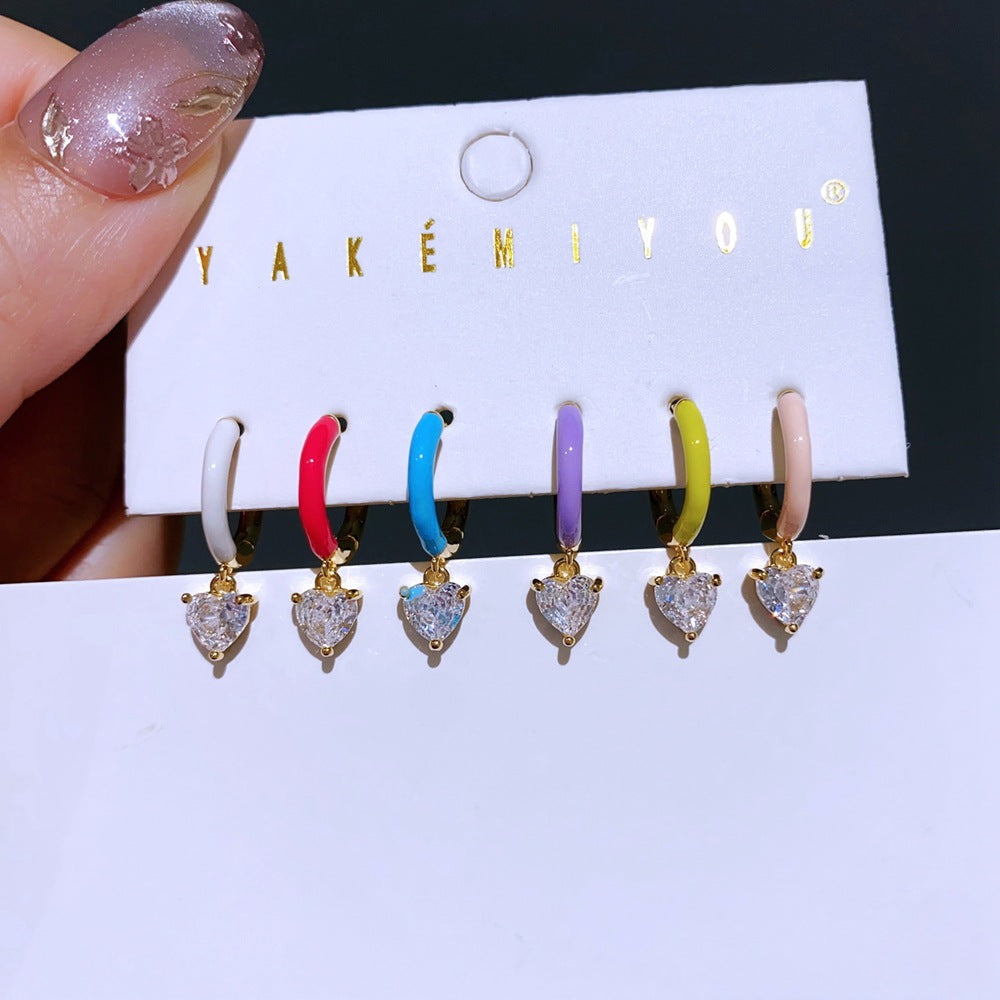 Heart Shape Earrings For Women, 6 Pieces Real Gold Plated Enamel Earrings Featuring Zircon Inlay