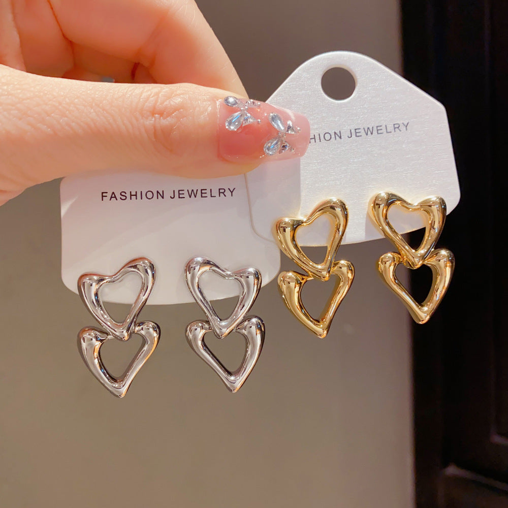Double Heart Tassel Drop Earrings In Copper With Real Gold Plated Finish, Simple Style For Women