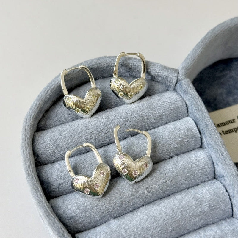 Heart Shape Earrings For Women Featuring Brushed Silver Copper Ear Pins With Zircon Inlay