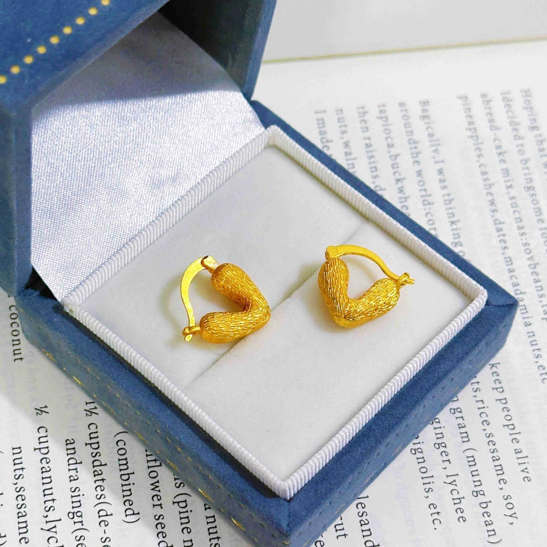 Heart Shape Brushed Gold Stud Earrings For Women In Copper Alloy With Golden Plated Finish