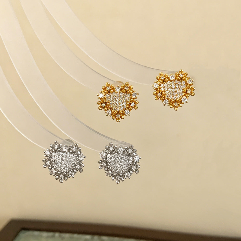 Heart Shape Earrings For Women In Gold Featuring Copper Ear Pins And Zircon Inlay