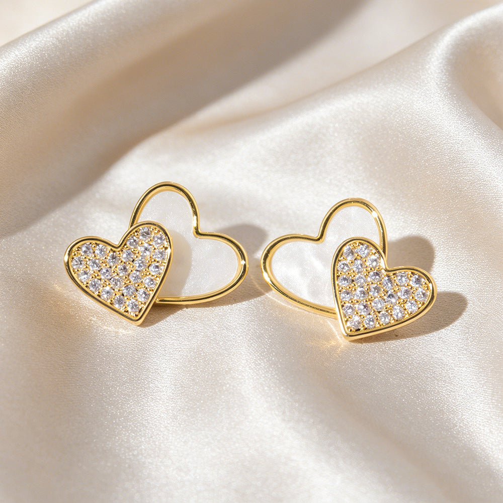 Double Heart Stud Earrings For Women In Real Gold Plated Copper With 925 Sterling Silver Posts